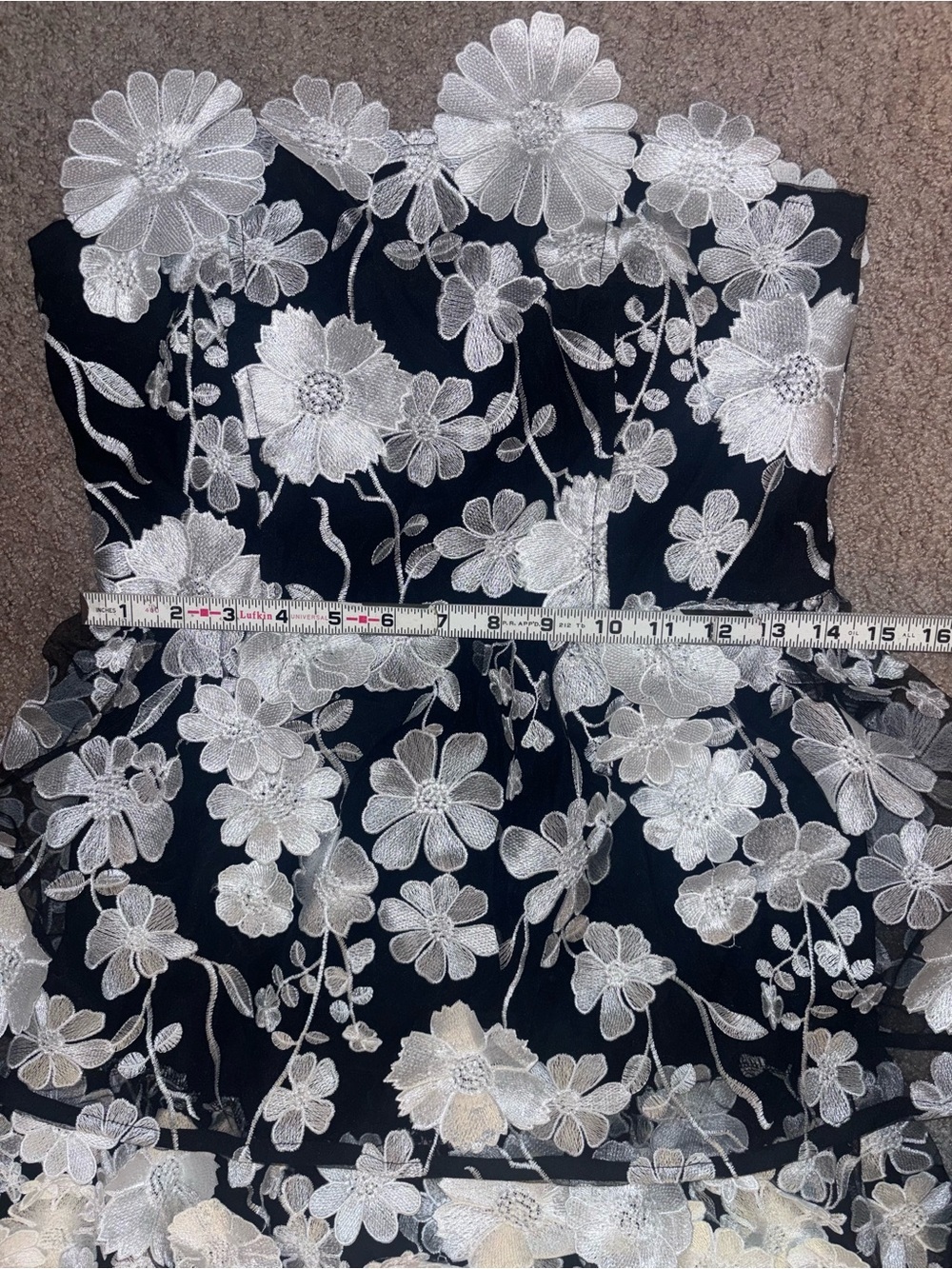 Holiday Party Mew & Mews Black White Floral Appliqué Strapless Tiered Midi Dress - Picture 9 of 10